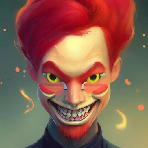 Prompt: a portrait of a cinematic still of the happy mask salesman with red hair, art by lois van baarle and loish and ross tran and rossdraws and sam yang and samdoesarts and artgerm and saruei and disney, digital art, highly detailed, intricate, sharp focus, trending on artstation hq, deviantart, unreal engine 5, 4 k uhd image