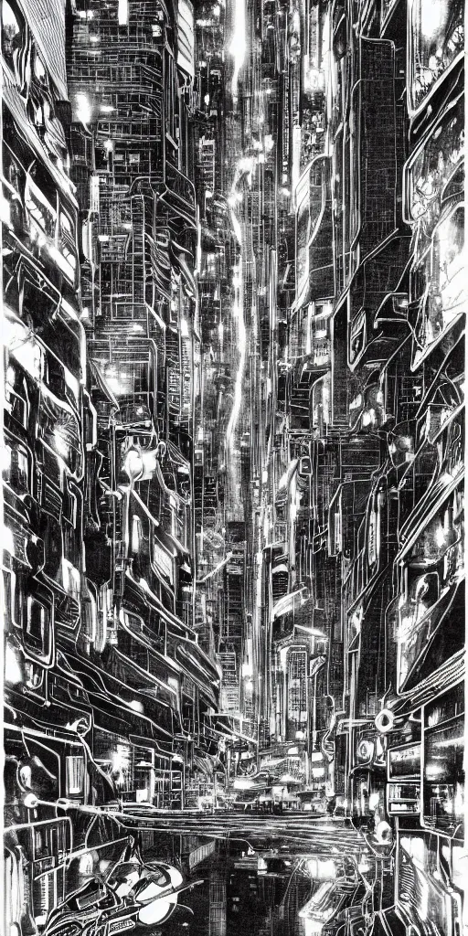 Prompt: beautiful and detailed anime drawing of an AKIRA-like cyberpunk city landscape with light trail from a motorcycle at the bottom and a bridge silhouette at the top, japan at night, 1980s, by Katsuhiro Otomo and mamoru oshii, wide angle, worm\'s eye view, grand, clean, colorful