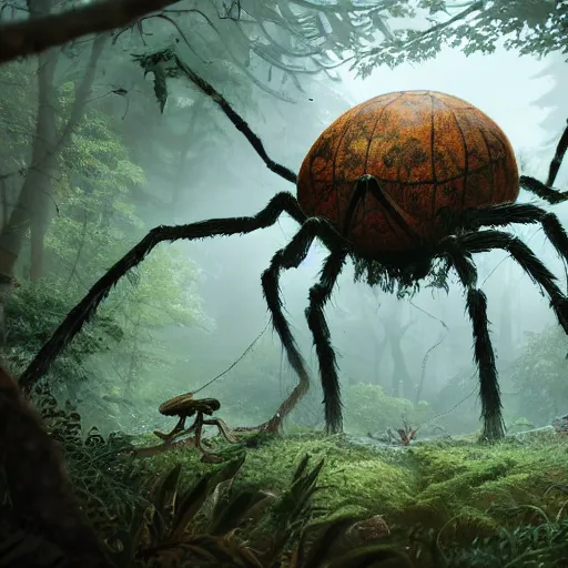 Image similar to an ugly giant spider, beautiful, realistic, atmosphere, vibe, forest, giant webs, ferns, bones, concept art illustration, color page, tone mapping, akihiko yoshida, james jean, andrei riabovitchev, marc simonetti, digital illustration, greg rutowski, volumetric lighting, sunbeams, particles