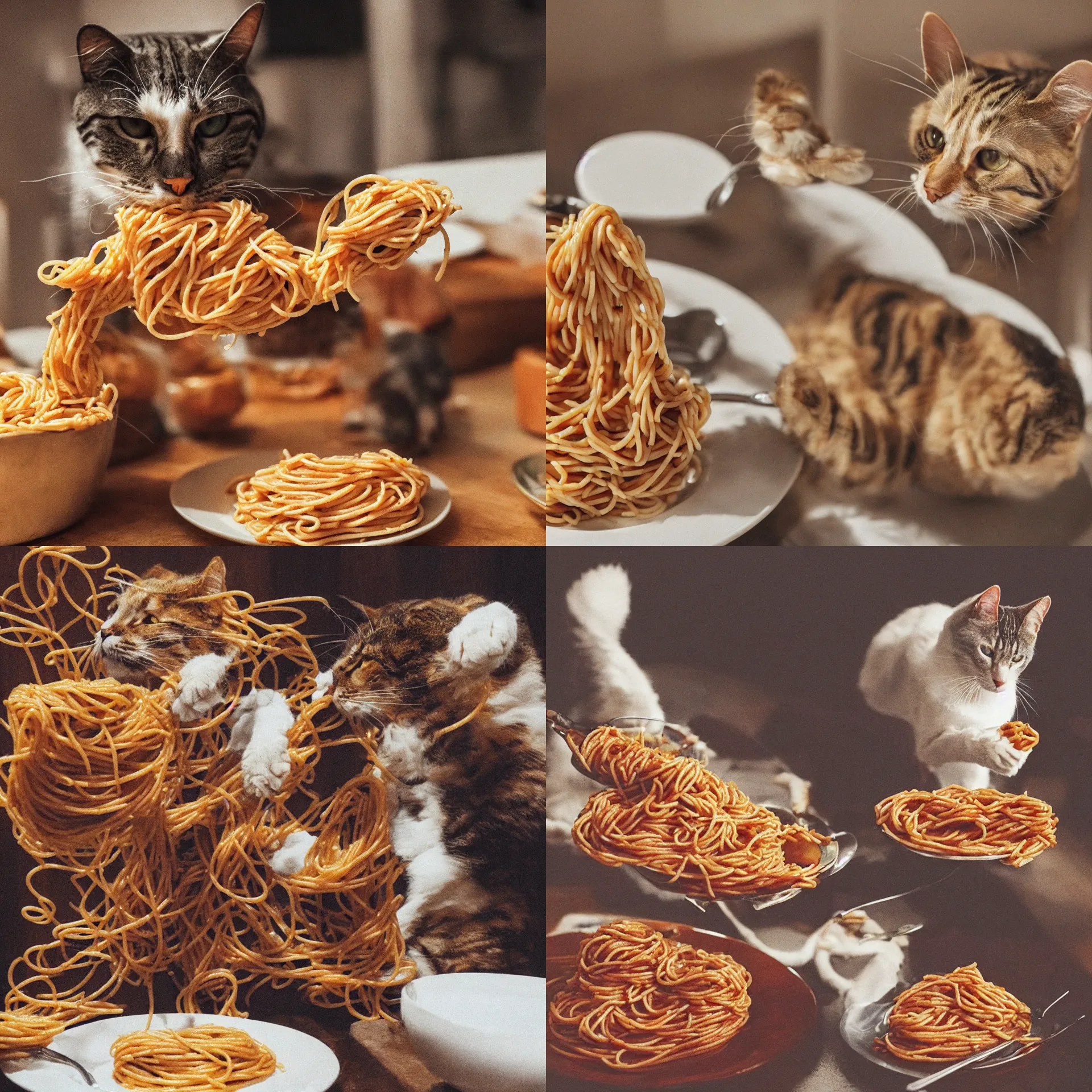 Prompt: a photo of a singular cat eating spaghetti, photorealistic, realistic