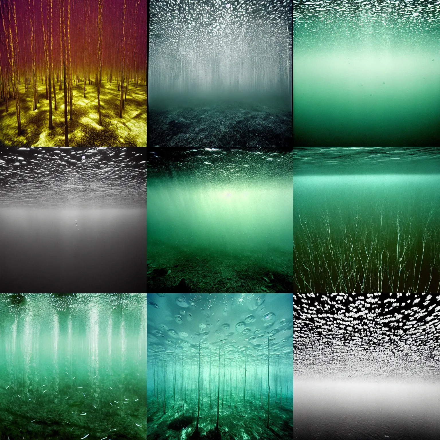 Prompt: birch tree forest underwater, by trent parke, lots of huge bubbles, overexposed, film grain