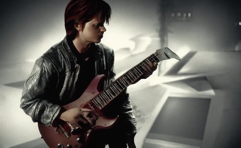 Image similar to photorealistic still of marty mcfly playing a futuristic guitar, in liminal space, cyberpunk, film grain, dark lighting, realistic, photgraph, silent hill style, detailed cinematic lighting