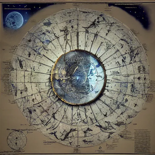 Image similar to lunar diagram, astrological map, portents of impending doom, bad omen, prophecy, end of the world, control panel by jessica rossier and brian froud