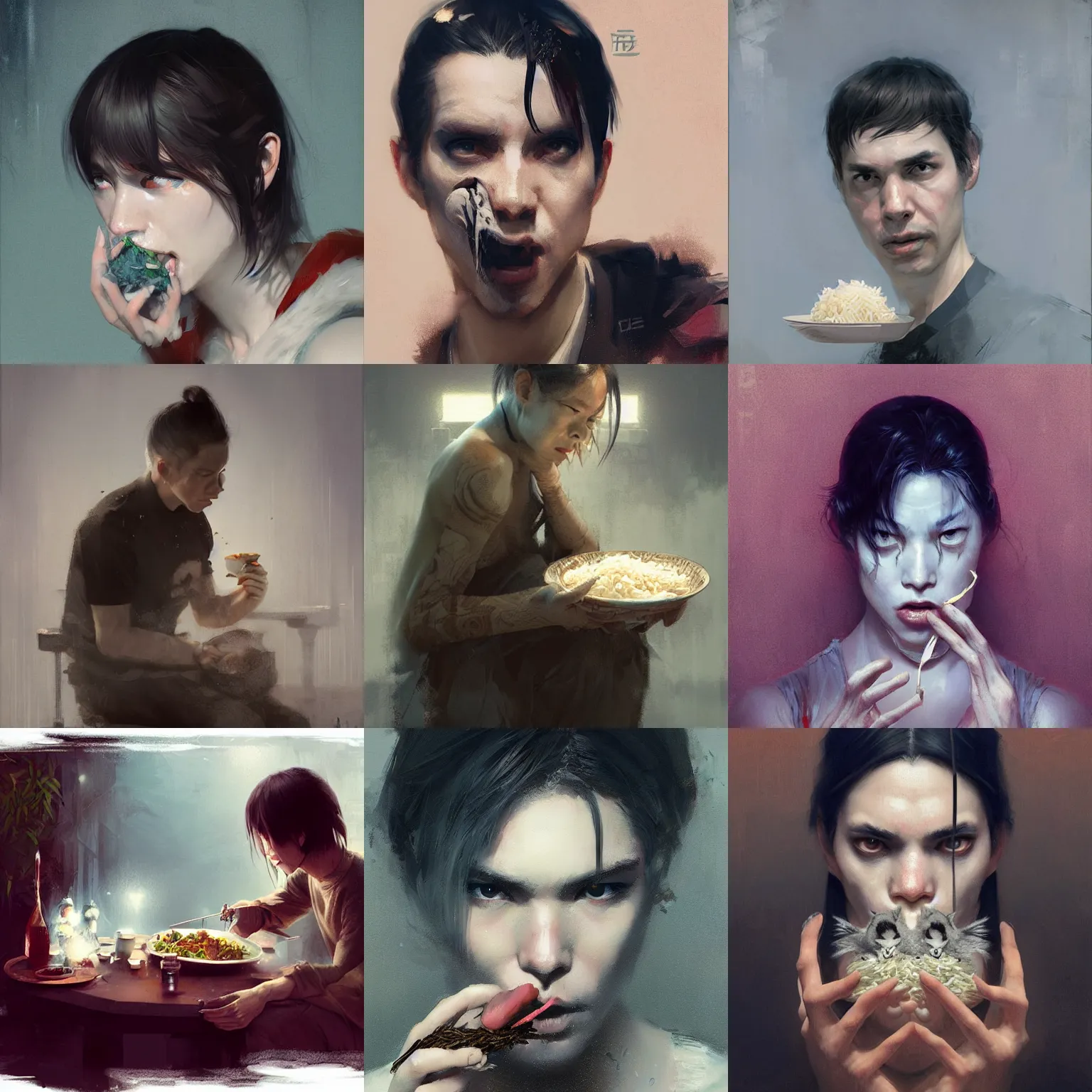 Prompt: boyd rice eating rice, thrice with mice by yoshitaka amano, by greg rutkowski, by jeremy lipkinng, by artgerm, digital art, octane render