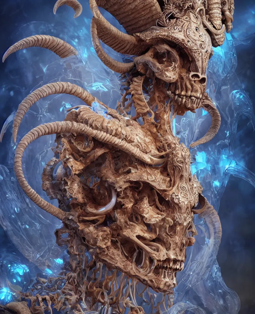 Image similar to close-up macro portrait of the face of a beautiful princess with ram goat satan mask, epic angle and pose, ribcage skeleton symmetrical artwork, 3d with depth of field, blurred background, cybernetic jellyfish female face phoenix bird, translucent, nautilus, energy flows of water and fire. a highly detailed epic cinematic concept art CG render. made in Maya, Blender and Photoshop, octane render, excellent composition, cinematic dystopian brutalist atmosphere, dynamic dramatic cinematic lighting, aesthetic, very inspirational, arthouse. y Greg Rutkowski, Ilya Kuvshinov, WLOP, Stanley Artgerm Lau, Ruan Jia and Fenghua Zhong