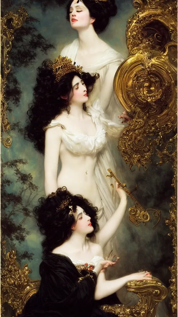 Image similar to a beautiful black haired woman with pale skin and a crown on her head sitted on an intricate metal throne by franz xaver winterhalter and delphin enjolras and rebecca guay