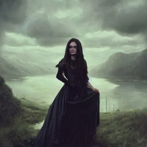 Prompt: portrait of a young mila kunis in a gothic dress, eerie colors, dramatic light, gorgeous view, depth, high detail, digital art, painted by greg rutkowski and seb mckinnon, by tim burton, trending on artstation