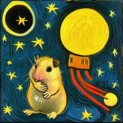 Prompt: “ a juggling hamster sitting on a rocket, inspired by vincent van gogh ”