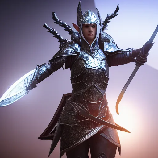 Prompt: full - body shot of a powerful elven female knight with a shield and a sword, ultra - hd, hcl, 1 2 - bit, ar, volumetric lighting, screen space global illumination, opaque, optics, lumen reflections, vfx, insanely detailed and intricate