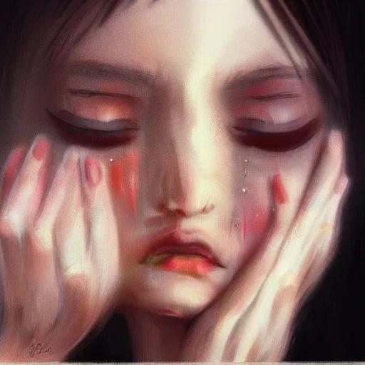 Image similar to “a pretty girl crying, realism, depression, trending on artstation”