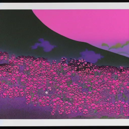 Prompt: a utopian landscape with pink and purple flowers, black sky, in the style of Mi Fu