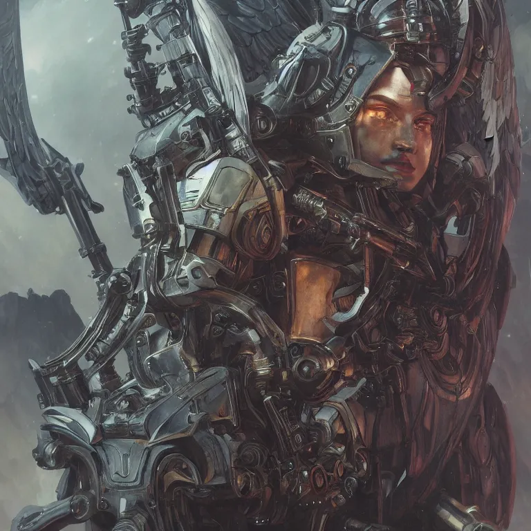 Image similar to scifi character portrait Painting of a futuristic archangel from, warhammer40k , dystopian mood, intricate, wild, highly detailed, digital painting, artstation, concept art, smooth, sharp focus, illustration, art by artgerm and greg rutkowski, and alphonse mucha