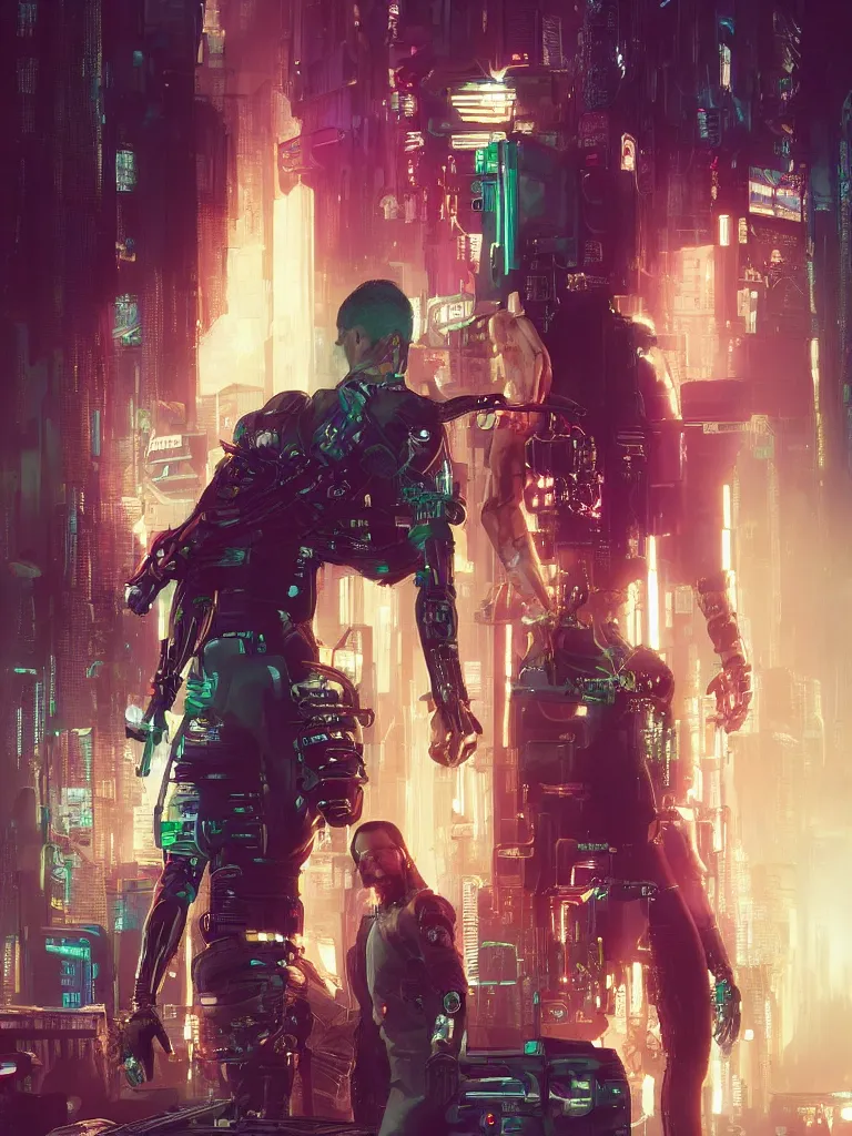 Image similar to a cyberpunk 2077 portrait of Keanu Reeves&female android in final kiss,love,film lighting,by Laurie Greasley,Lawrence Alma-Tadema,Dan Mumford,artstation,deviantart,FAN ART,full of color,Digital painting,face enhance,highly detailed,8K,octane,golden ratio,cinematic lighting