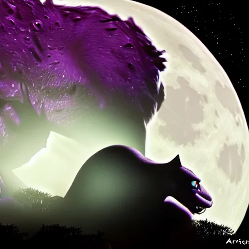 Image similar to closeup of a purple panther roaring at the moon. forest. night. large moon in the center. trending on artstation. cinematic. photoreal. dark colors.