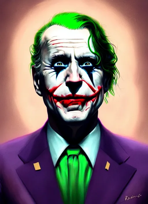 Image similar to portrait of joe biden as the joker, green hair, intricate, elegant, glowing lights, highly detailed, digital painting, artstation, concept art, sharp focus, illustration, art by wlop, mars ravelo and greg rutkowski