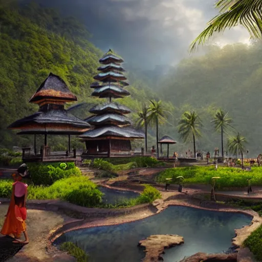 Prompt: A beautiful, perfect, impressive, amazing concept art digital CG painting of a place in Bali with people, trending on ArtStation, Unreal Engine