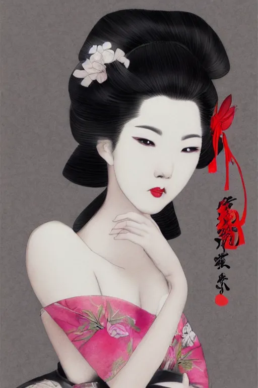 Image similar to sensual and very seductive geisha, digital art, 8k, character, realistic, portrait, photorealism, japan watercolour, masterpiece art