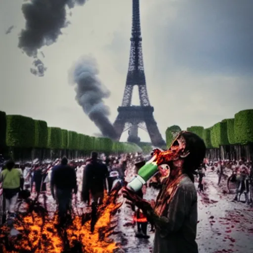 Prompt: zombie drinking water with eifel tower on fire