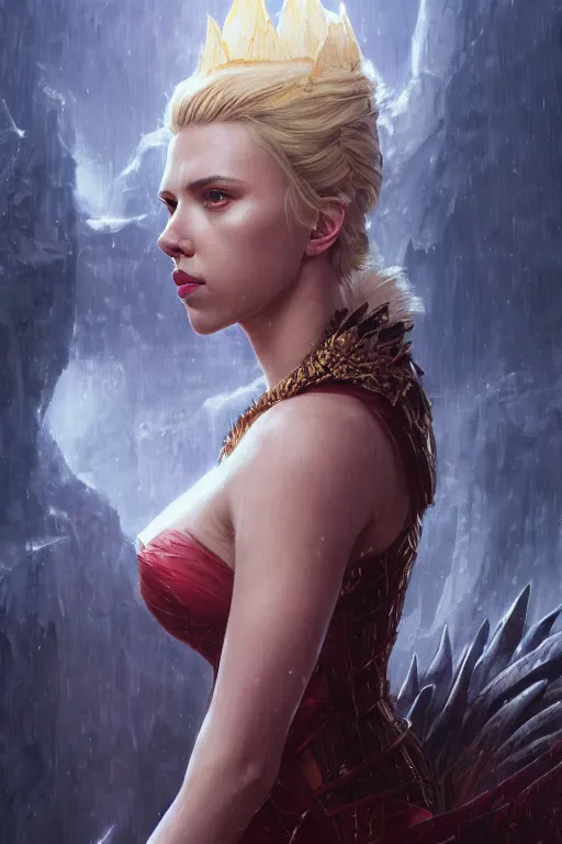 Image similar to a fancy portrait of Scarlett Johansson as a dragon queen by Greg Rutkowski, Sung Choi, Mitchell Mohrhauser, Maciej Kuciara, Johnson Ting, Maxim Verehin, Peter Konig, final fantasy , mythical, 8k photorealistic, cinematic lighting, HD, high details, atmospheric,