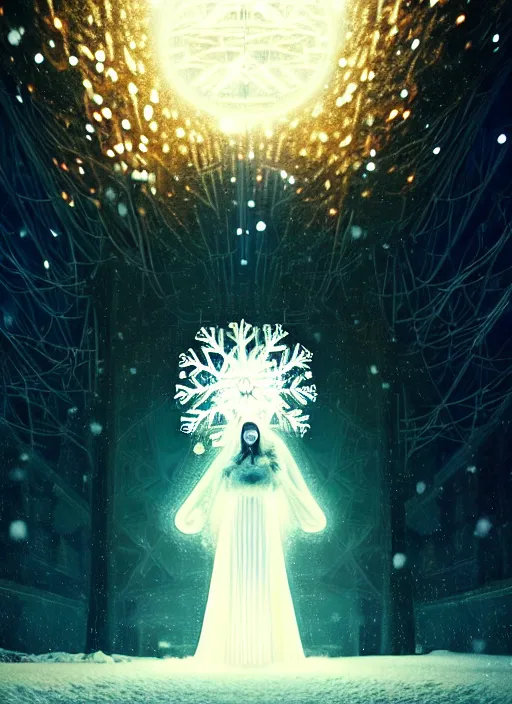 Image similar to a beautiful white queen with a giant snowflake as halo, snow particles in the background, bokeh, glowing light orbs, intricate concept art, illuminated lines, outrun, vaporware, dark background, cyberpunk darksynth, ethereal, ominous, misty, 8 k, rendered in octane, by ruan jia and jeremy mann and alphonse mucha