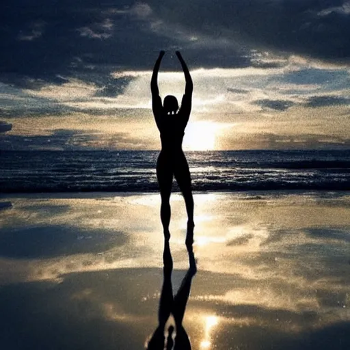 Image similar to “silhouette of fitness blogger doing exercise on the beach photorealistic ”