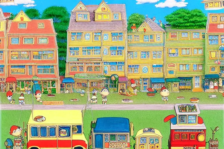 Image similar to an elaborate painting of a peaceful neighborhood, detailed, penned illustrations, by richard scarry and studio ghibli!!!!!!!!!!!