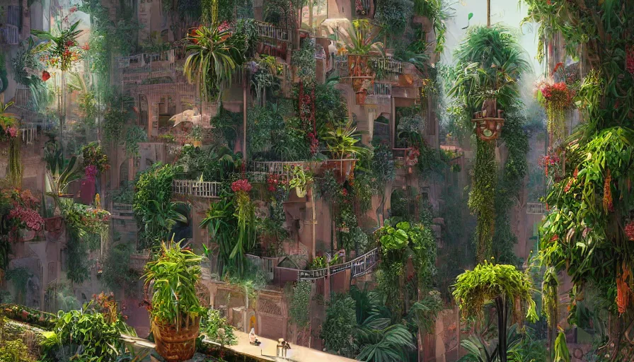 Prompt: hanging gardens of babylon, flowers, palms, arabic city, artstation