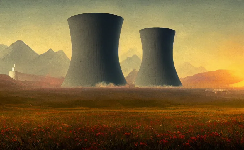 Image similar to nuclear powerplant in a field, close up shot, rocky, at dusk, distant mountains, 4k, rule of thirds, extreme detail, hazy, intricate ink illustration, surreal, surrealist, trending on artstation, cgsociety, hd, calm, complimentary colours, realistic lighting, by Albert Bierstadt, Frederic Edwin Church.