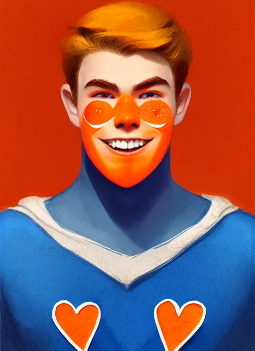 Image similar to friendly teenage archie andrews wearing an orange superhero costume with heart logo, heart, freckles, blue cape, heart emblem on chest, blue cape, intricate, elegant, glowing lights, highly detailed, digital painting, artstation, sharp focus, illustration, art by wlop, mars ravelo and greg rutkowski