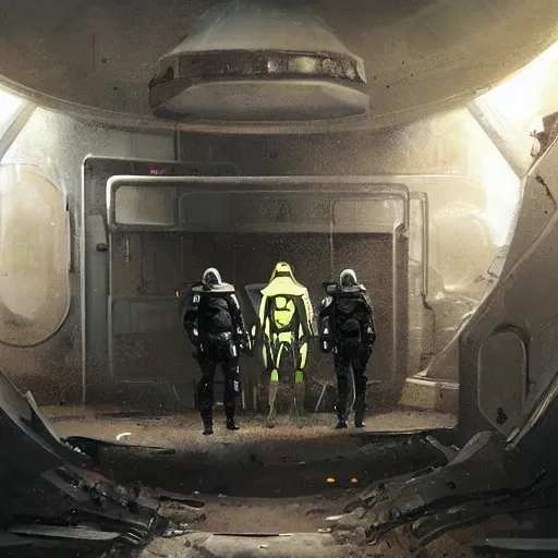 Prompt: concept art by greg rutkowski, three people wearing futuristic space gear, exploring the interior of an abandoned space station, brutalist futuristic interior, dark lighting atmosphere, detailed portraits, scary atmosphere, scifi, digital painting, artstation, concept art, smooth, sharp foccus ilustration, artstation hq