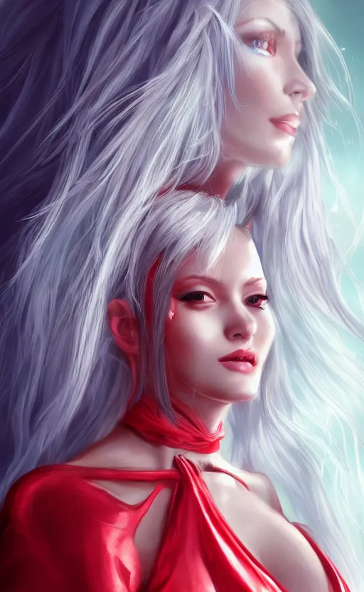 Image similar to the prettiest woman with silver blue hair, in a red and white dress portrait, dynamic lighting, fantasy concept art, trending on art station, stunning visuals, creative, cinematic, ultra detailed, ray tracing, sun rays, hyper realistic