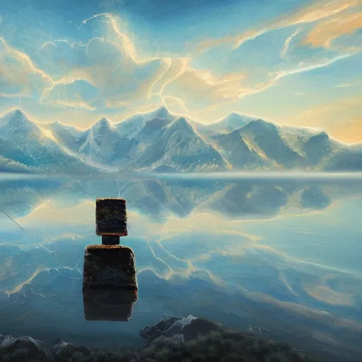 Image similar to largely animated black cube sits in the center, in the air, levitating above a pristine lake with a background of residual peaceful mountains, robustly intricate oil painting, 4 k quality, trending on artstation