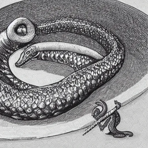 Image similar to ouroboros biting his tail