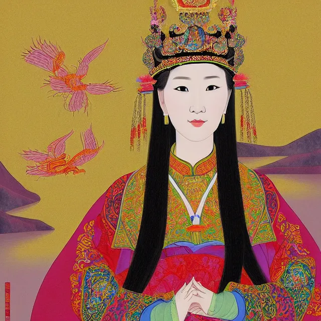 Image similar to in the art style of dittmann, anna, by dittmann, anna, portrait of a beautiful asian mongolian princess goddess spreading its wings, portrait of princess wearing a beautiful ornate crown, in the background lake baikal is seen