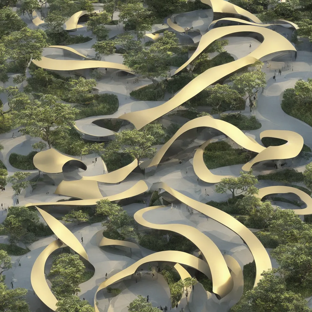 Image similar to “ an incredibly smooth curvilinear architectural complex spatial sculpture, unfolding continuously golden surfaces enclose a visually interesting japanese zen garden designed by zaha hadid, architecture render, vray ”