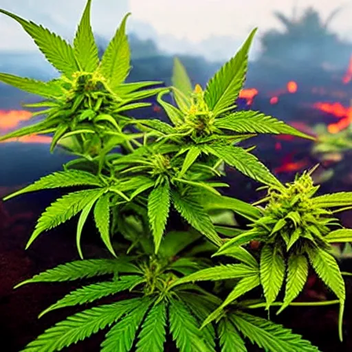 Image similar to a cannabis plant sinking in glowing molten lava