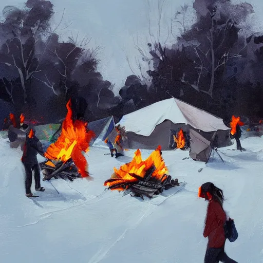 Image similar to a camp with tents on fire, burning down, shadows of 3 girls watching the camp burn, snow, painted by Sylvain Sarrailh