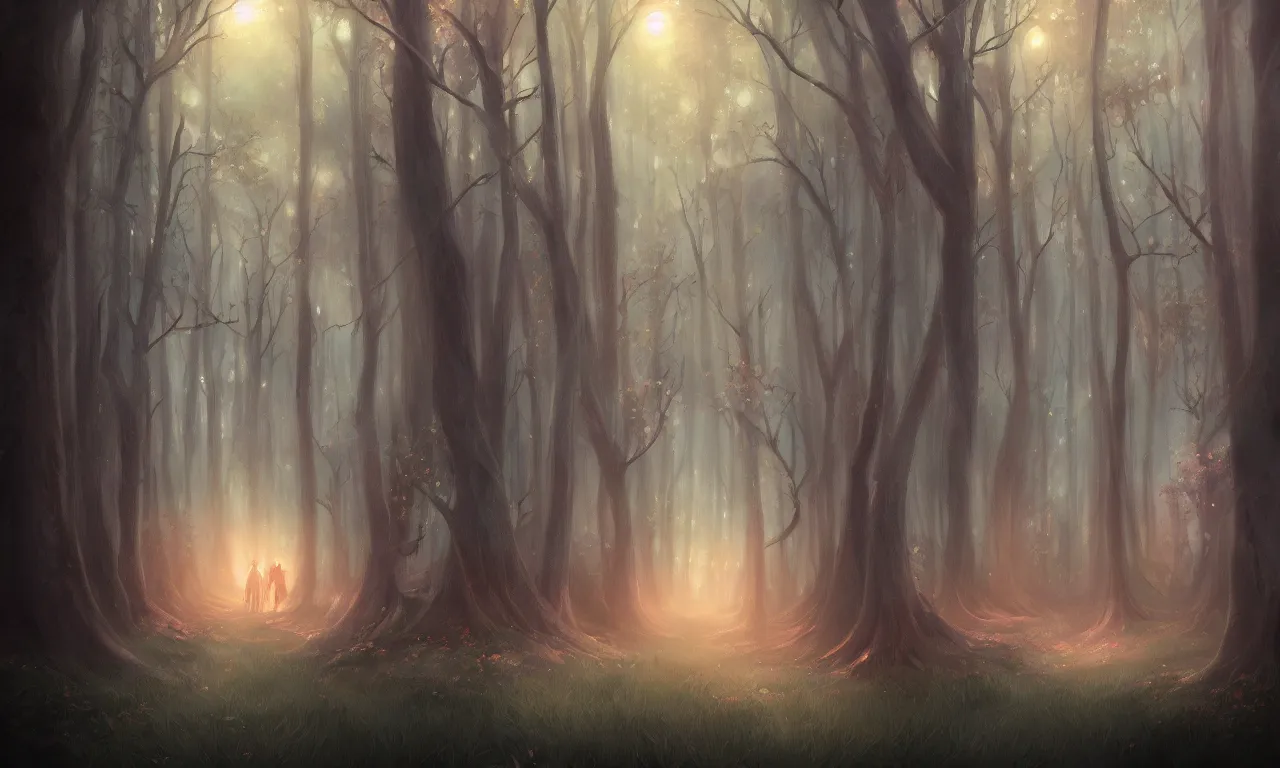 Prompt: A ethereal forest at night, magical and surreal, light and shadows create a dream-like atmosphere, soft and dreamy lighting, digital painting, concept art, artstation trending, beautiful, by Tracie Ching