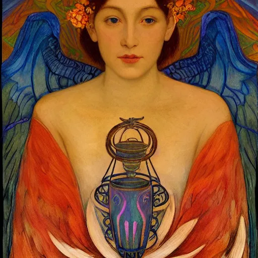 Prompt: queen of the dawn with her wings and her lantern, by Annie Swynnerton and Nicholas Roerich and Diego Rivera, flowing robes, bioluminescent skin, floral tattoos, elaborate costume, geometric ornament, symbolist, soft colors, smooth, sharp focus, extremely detailed