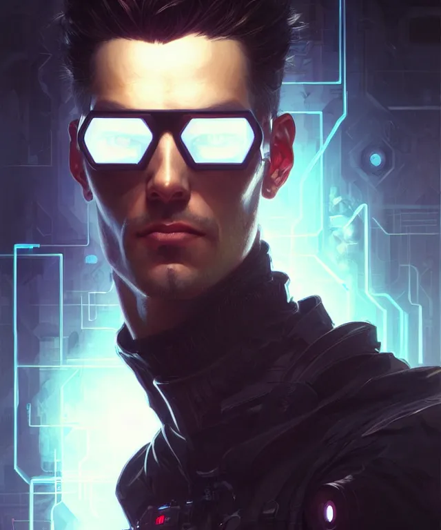 Image similar to Hacker cyberpunk man portrait, highly detailed, digital painting, artstation, concept art, smooth, sharp focus, illustration, art by artgerm and greg rutkowski and alphonse mucha