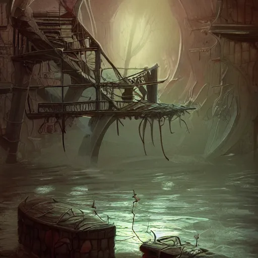 Image similar to drowned bandit lair, sewers, victorian, warehouse, fantasy art, artstation