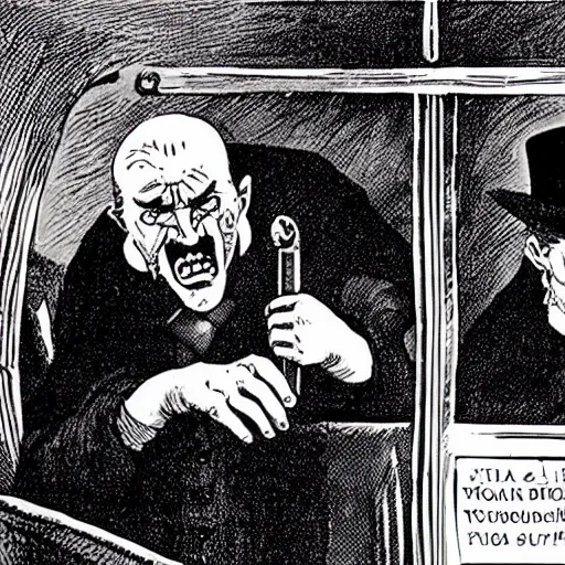 Image similar to photo of old man dracula yelling at the wolfman as they sit on a public bus - g