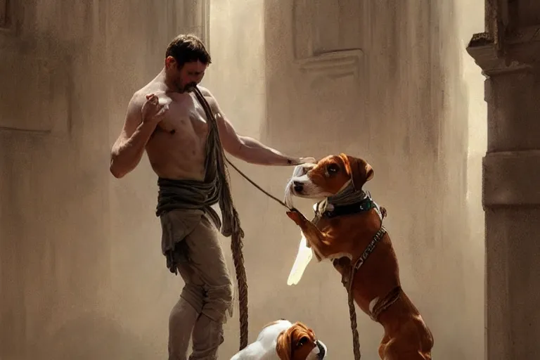 Image similar to a man tied to a pillar and jack russel terrier pissing on him, highly detailed, hyperrealistic digital painting, artstation, concept art, smooth, sharp focus, illustration, cinematic lighting, art by artgerm and greg rutkowski and alphonse mucha