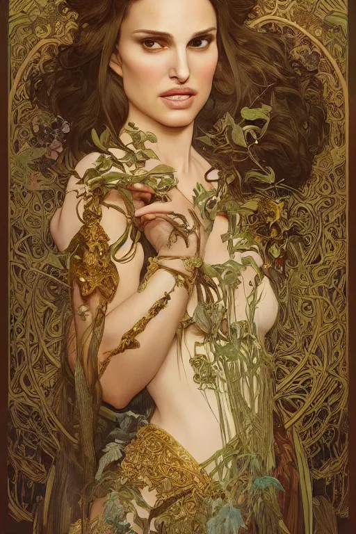 Image similar to natalie portman as queen of the jungle, painted by nekro, alphonse mucha, dark - fantasy, intricate detail, artstation, cgsociety, rococo, gold leaf art