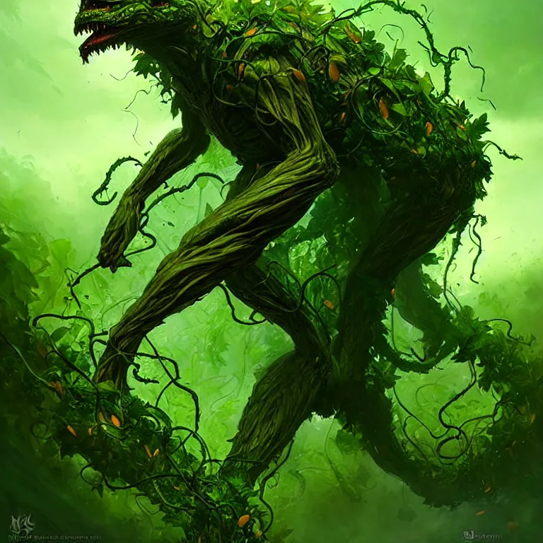 Prompt: a green creature made of leaves and vines bursting out of the ground ready to attack; detailed, best on artstation, raymond swanland, magic the gathering, epic, stunning, masterpiece