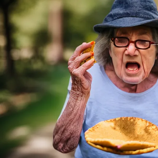 Prompt: elderly woman screaming at a taco, canon eos r 3, f / 1. 4, iso 2 0 0, 1 / 1 6 0 s, 8 k, raw, unedited, symmetrical balance, wide angle