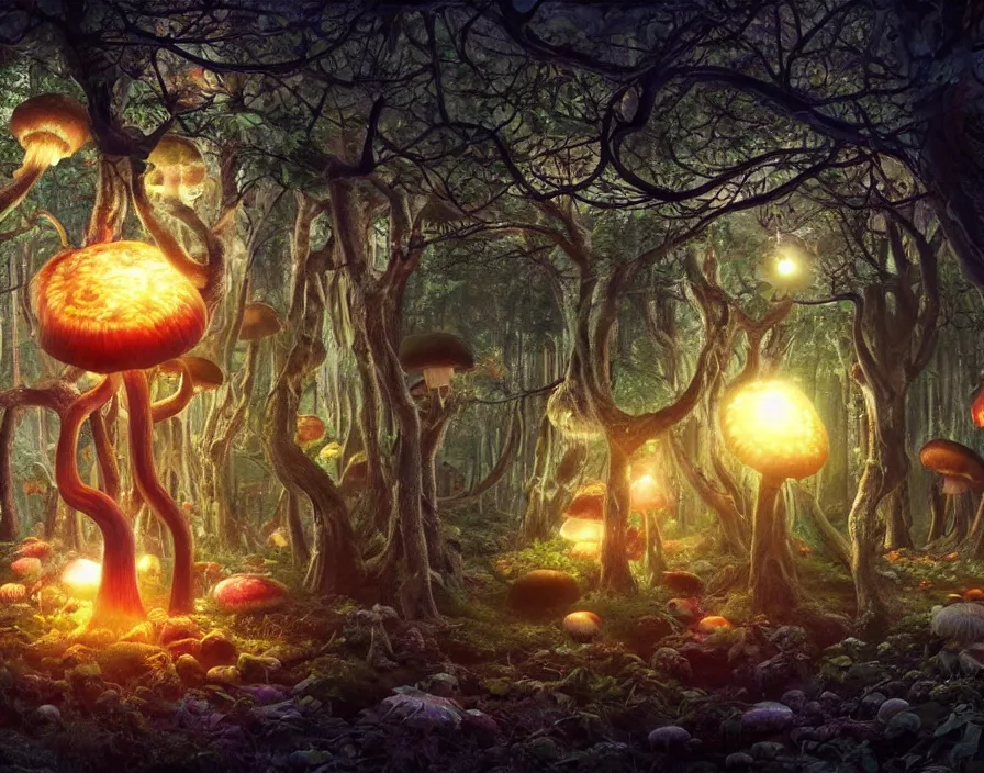 Prompt: a weird magical forest with giant glowing mushrooms made entirely out of human brains. Highly detailed. 8k. Fantasy horror.