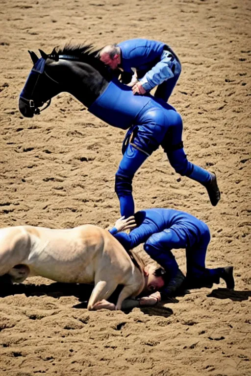 Image similar to horse wrestles astronaut pilot spaceman on all fours on hands and knees in grappling in closed guard on mount position