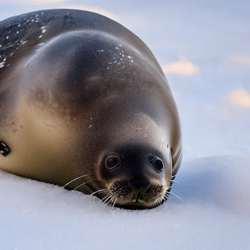 Prompt: Photorealistic photograph of a cute seal pup in snow, photorealism, photorealistic, realism, real, highly detailed, ultra detailed, detailed, cute, emotional, shutter speed 1/1000, 60mm Focal Length, Canon EOS 90D, Wildlife Photographer of the Year, Pulitzer Prize for Photography, 8k