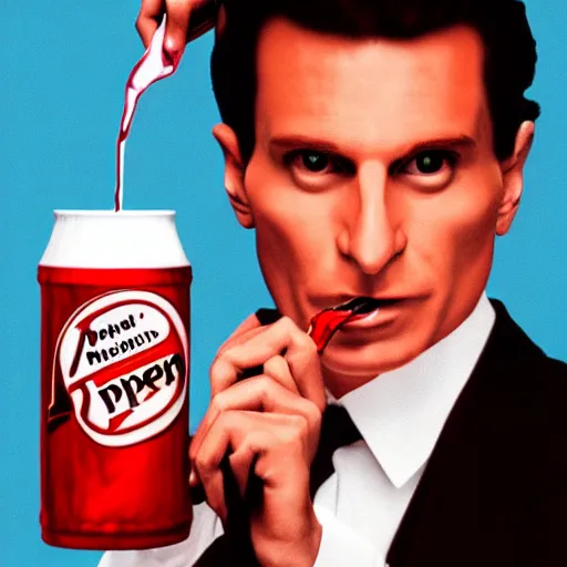 Image similar to patrick bateman drinking dr pepper, photorealistic art, 8 k